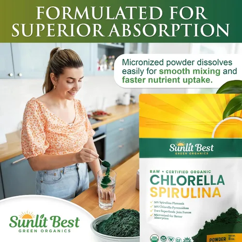 Miniatura 6 de Sunlit Best USDA Organic Chlorella Spirulina en polvo – Fuente 100% cruda y vegana de proteína y clorofila Bebida energética de superalimentos sin