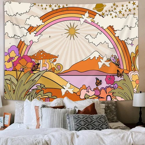 Miniatura 2 de TOMOZ Tapiz vintage de los años 70 y 60, diseño retro de flores, nubes, sol y arco iris, tapiz para colgar en la pared, tapiz psicodélico bohemio
