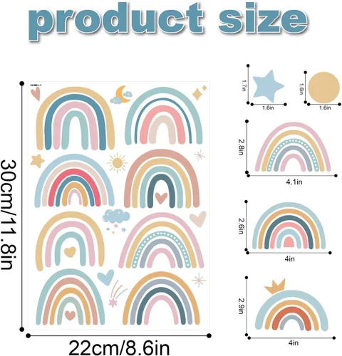 Miniatura 5 de Calcomanías de pared de arco iris para habitación de niños, 76 piezas extraíbles de despegar y pegar, calcomanías de pared boho de estrellas