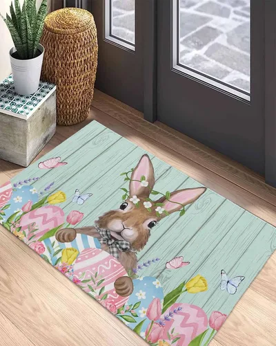 Miniatura 5 de Tapete para puerta delantera, conejo de Pascua, flores de granja de primavera en madera verde azulado, tapete antideslizante y absorbente