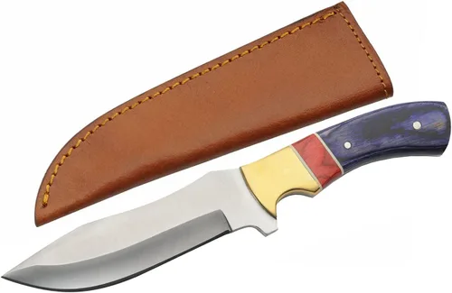 Miniatura 5 de SZCO Full Tang Upsweep - Cuchillo de caza de 9.5 pulgadas, cuchillo de bolsillo con hoja de acero inoxidable, mango de madera ámbar rojo/latón