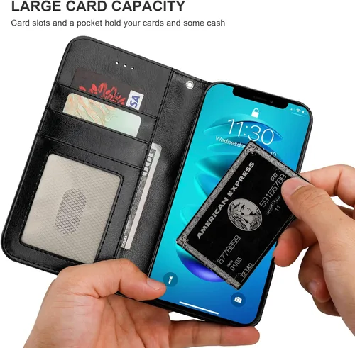 Miniatura 6 de Bocasal Funda tipo cartera desmontable para iPhone 14 Pro con bloqueo RFID, ranuras para tarjetas, soporte magnético de piel sintética de alta Negro
