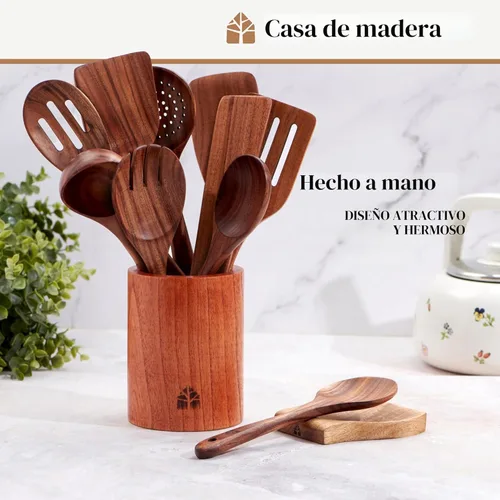 Miniatura 6 de Woodenhouse - Cucharas de madera para cocinar, juego de utensilios de cocina de madera con soporte, soporte para cuchara y ganchos, utensilios