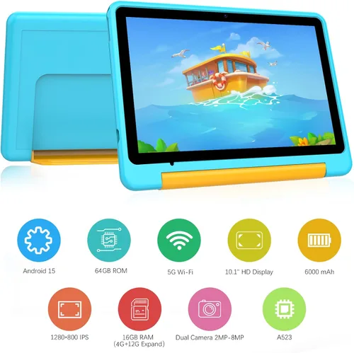 Miniatura 2 de PRITOM Tablet Android 15 para niños, tableta de 10 pulgadas para niños, 64 GB + 1 TB expandible, WiFi 6, control parental, juegos educativos Azul