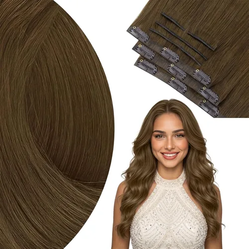 Miniatura 62 de Ve Sunny Extensiones de cabello clip-in de cabello humano real con reflejos, extensiones de cabello con clip para cabello corto, marrón oscuro