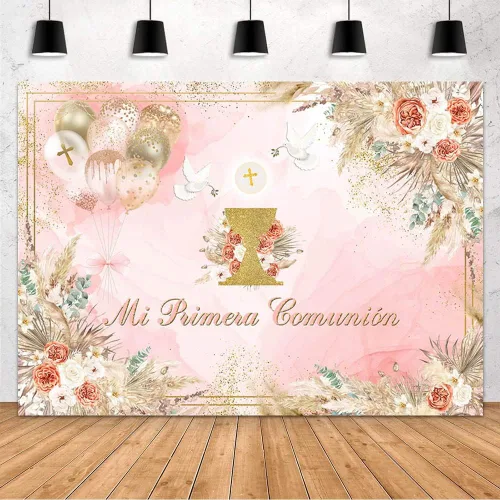 Miniatura 2 de MEHOFOND Telón de fondo de comunión Mi Primera de 7 x 5 pies para niña, color rosa, bohemio, bautizo, decoración de fiesta, pancarta, Dios bendiga
