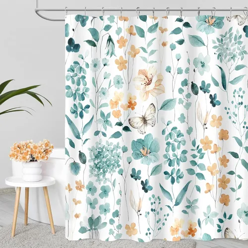 Miniatura 22 de MAYZUS Cortina de ducha con flores azules acuáticas, lindas cortinas de tela con flores para baño, juego de cortinas de tela de aguamarina