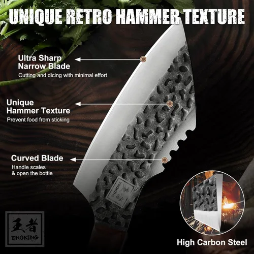 Miniatura 5 de ENOKING Cuchillo de chef forjado a mano de 6.1 pulgadas, cuchillo de carnicero de acero de alto carbono con funda de cuero, cuchillo de cocina
