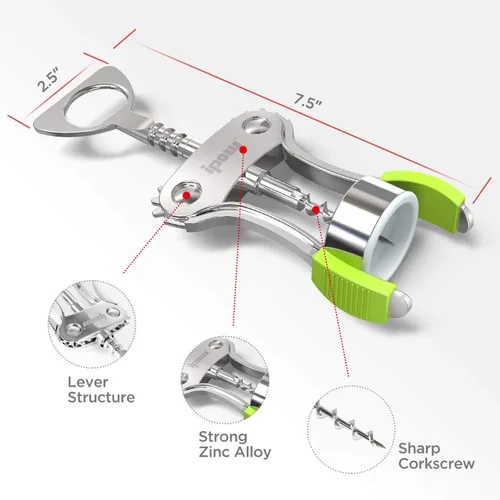 Miniatura 6 de IPOW Abridor de vino, abridor de botellas de vino de aleación de zinc, sacacorchos de ala resistente, tornillo de corcho multifuncional manual