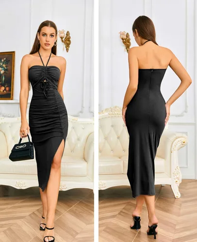 Miniatura 6 de Heysolo Vestidos de verano para mujer, sin espalda, cuello halter, abertura lateral, espalda descubierta, sin mangas, fruncido, vestido de fiesta