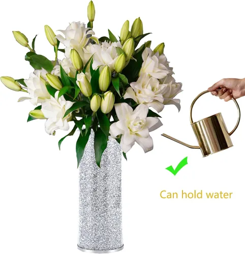 Miniatura 5 de Jarrón de cristal de cristal, 10 pulgadas de alto, lujoso jarrón de flores grandes de diamante triturado plateado, para decoración del hogar, sala