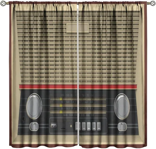 Cortina de ventana de decoración vintage, estilo retro de los años 60, radio, reproductor de música, altavoces, imagen para el hogar, cocina,