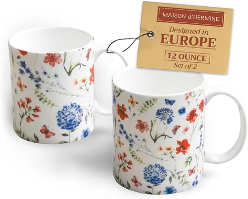 Miniatura 123 de Maison d' Hermine Taza de café con asas, tazas de porcelana fina de hueso, paquete de dos tazas de té para bebidas calientes, capuchino, latte, 015