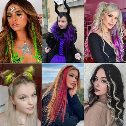 Miniatura 6 de FESHFEN Extensiones de cabello con clip de colores, 16 piezas de 8 colores resaltados, piezas de cabello sintético lacio con clip para mujer, 22