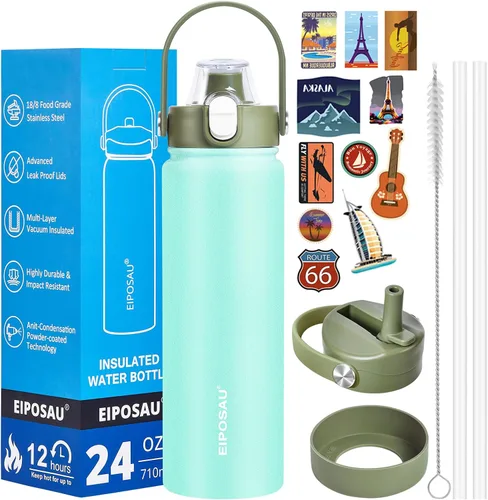 Miniatura 37 de Botella de agua aislada con tapa, bota y calcomanías, botella de acero inoxidable de 24 onzas, sin sudor, mantiene el frío las 24 horas, botella