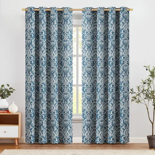 jinchan Cortinas de oscurecimiento de habitación para dormitorio, cortinas con patrón de damasco azul, 84 pulgadas de largo para sala de estar,
