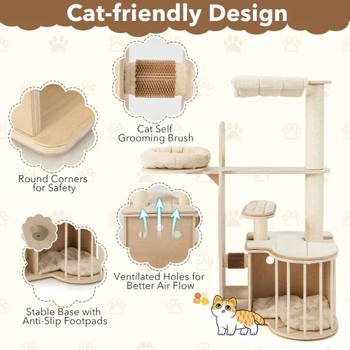 Miniatura 6 de Tangkula Árbol de madera para gatos de interior, centro de actividades de torre para gatos de varios niveles de 55 pulgadas con hamaca, condominio