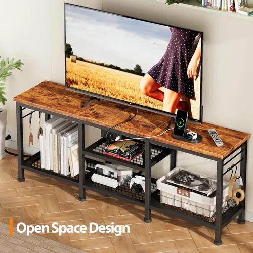 Miniatura 4 de Furologee - Soporte de TV con tomas de corriente, centro de entretenimiento con estantes de almacenamiento abiertos para televisores de hasta 55
