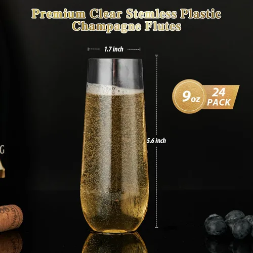 Miniatura 5 de FOCUSLINE Paquete de 24 Copas de Champán de Plástico Transparente de 9 Oz, Copas de Champán de Plástico Sin Tallo Transparentes, Vasos para Brindis