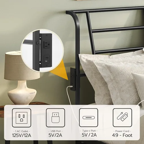 Miniatura 6 de MAHANCRIS Cabecera tamaño Queen solamente, cabecera de metal con 2 tiras de alimentación, respaldo reclinable, con adaptadores de marco de cama