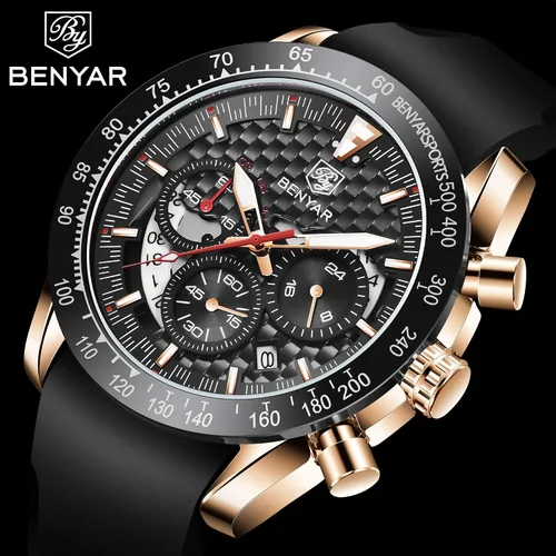 Miniatura 2 de BENYAR Fashion Men's Quartz Chronograph Waterproof Silicone Watches Business Casual Sport Design Wrist Watch for Men Perfect for Father Son Black