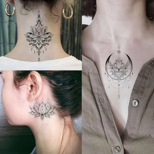 Miniatura 2 de EGMBGM 15 hojas de tatuajes temporales de loto negro sexy para mujeres, novias de boda, joyería falsa tribal, colgante de encaje, luna, polilla
