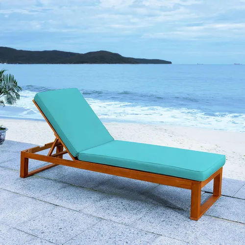 SAFAVIEH Exterior - Solano Chaise Lounge Chair - Marrón y Aqua - Madera maciza con cojín - Diseño de respaldo ajustable - Ideal para patio, terraza,