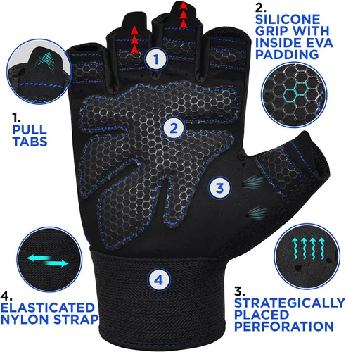 Miniatura 2 de RDX Guantes de levantamiento de pesas para gimnasio, entrenamiento de fitness, protección completa acolchada antideslizante, ultra ventilados, Azul