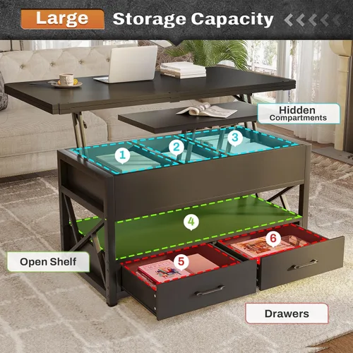 Miniatura 3 de Itaar Mesa de Centro con Tapa Elevable de 40", Mesas de Centro 4 en 1 con Almacenamiento para Sala de Estar, Mesa de Centro Pequeña Estilo Granja
