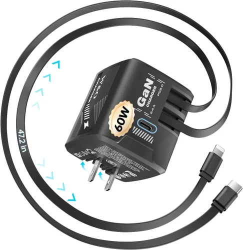 W & O Cargador Rápido para iPhone 17/16/15, Cargador 60W GaN, Cargador de Pared Retráctil con Cables Lightning y Type-C, para Serie iPhone, Galaxy