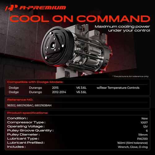 Miniatura 2 de A-Premium Compresor de aire acondicionado con embrague compatible con Dodge Durango 3.6L 2012-2015, solo con A/C trasero