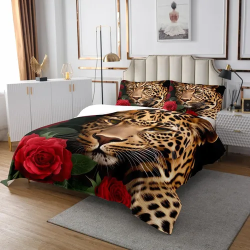 Miniatura 3 de Erosebridal Juego de ropa de cama con diseño de rosas rojas y leopardo, animales salvajes africanos acolchados, para jóvenes damas, románticas
