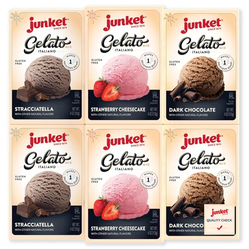 Junket Mezcla de gelatos: Stracciatella (chocolate con vainilla), chocolate negro y tarta de queso de fresa, mezcla de helado de gelato casera para