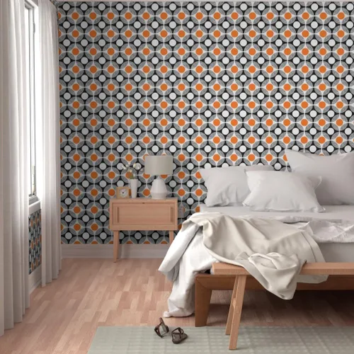 Miniatura 5 de Muestras de papel tapiz para despegar y pegar, huevos Mod Huevos Naranja Blanco Puntos Círculo Cocina de mediados de siglo Moderno Papel pintado