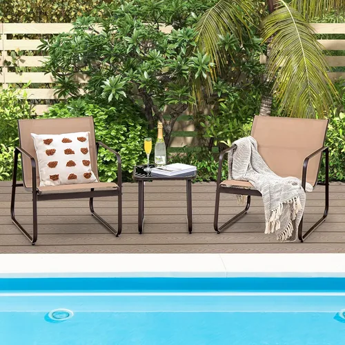 Miniatura 2 de Tangkula Juego de 3 piezas de conversación para patio, juego de silla y mesa de metal para exteriores, tela transpirable y mesa de vidrio templado