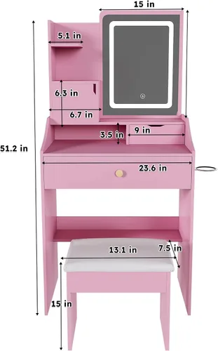 Miniatura 4 de Escritorio pequeño con espejo y luces, juego de tocador de maquillaje rosa con 2 cajones y taburete, tocador de maquillaje compacto para dormitorio