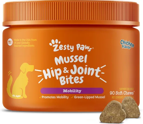 Zesty Paws Bocaditos de Movilidad de Mejillón para Perros - Mejillón de Labios Verdes de Nueva Zelanda con Glucosamina Natural y Condroitina +