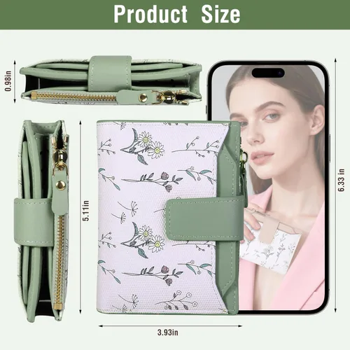 Miniatura 4 de Cartera Pequeña para Mujer - Cuero Suave con Bloqueo RFID Bifold con Cremallera para Tarjetas de Crédito - Cartera con Patrón Floral con Ventana