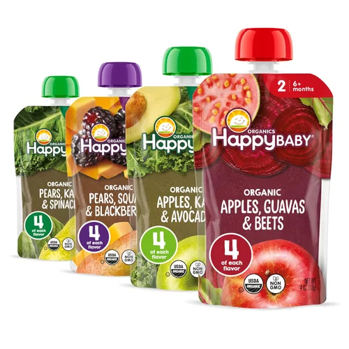 Happy Baby Organics Stage 2 - Bolsas de comida para bebés, sin gluten, aperitivos veganos y saludables, puré de frutas y verduras claramente