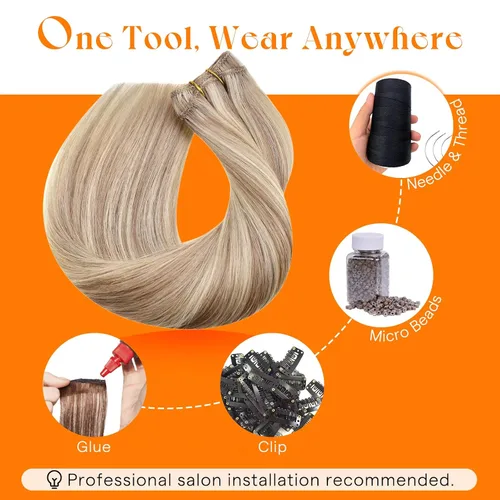 Miniatura 5 de Sunny Hair Extensiones de cabello humano con reflejos, cosidas en rubio ceniza, mezcla de rubio decolorado, doble trama, cabeza completa, cortas