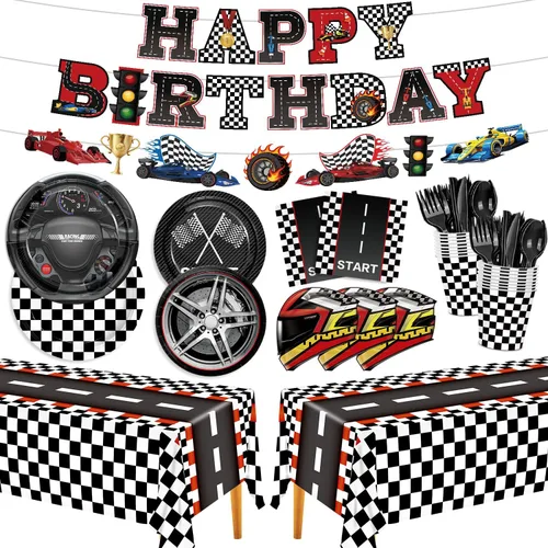 195 piezas de decoración de cumpleaños de coches de carreras, platos de fiesta, servilletas todo en 1, juego de vajilla de coches con temática de