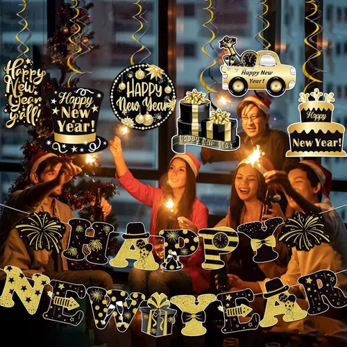 Miniatura 2 de Cartel de Feliz Año Nuevo 2026 con nuevas decoraciones colgantes decoraciones de Año Nuevo 2026 Suministros de fiesta de Año Nuevo decoraciones