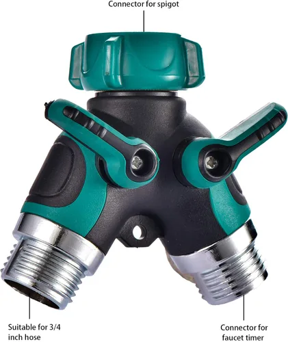 Miniatura 3 de Divisor de manguera de 2 vías en Y conector con cómodo agarre de goma y parte superior giratoria de 360 ° de conexión rápida para manguera de Verde