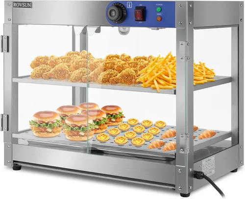 ROVSUN Calentador de Alimentos de 2 Niveles, Calentador de Pizza, Calentador de Alimentos Comercial con Iluminación LED, Estantes Desmontables,