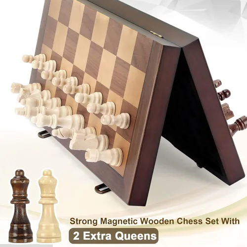 Miniatura 7 de Juego de ajedrez magnético de madera para adultos y niños, tablero de ajedrez de 12 pulgadas con piezas hechas a mano, plegable, portátil, único