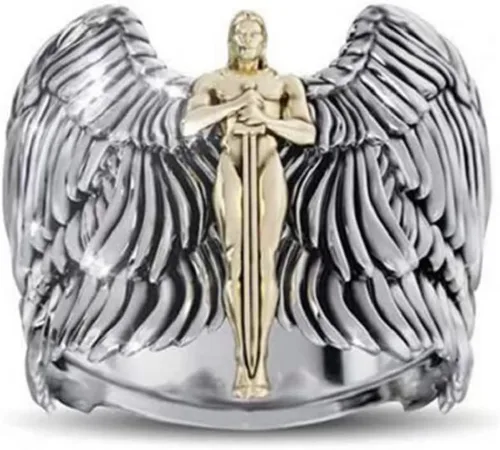 HUKQBUNX - Anillo de plata de ley 925, oro de 18 quilates, alas de ángel, dos colores, para hombre, tamaño 6-10 (talla 6)