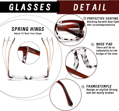 Miniatura 4 de Hubeye Oprah Style - Lentes de lectura para mujeres y hombres, bloqueo de luz azul, para computadora con bisagra de resorte Negro+leopardo