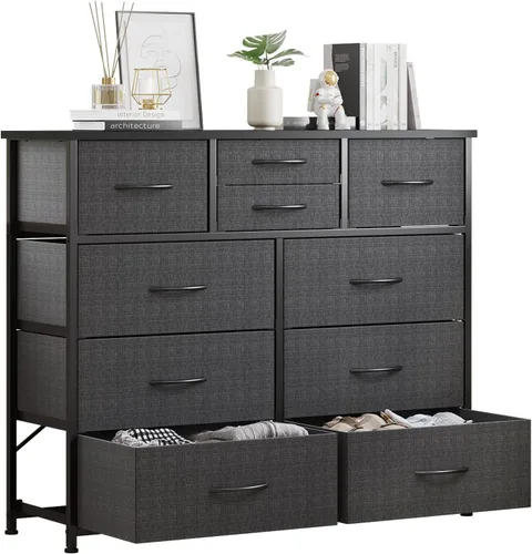 Miniatura 12 de LUMTOK - Cómoda de 10 cajones, cómodas de tela para dormitorio, pasillo, guardería, armarios, marco de acero, parte superior de madera, mango fácil