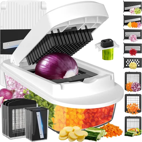 Picador de verduras todo en uno de 8 cuchillas con contenedor, picador de alimentos, picador de cebolla, cortador de verduras para ensalada, Blanco
