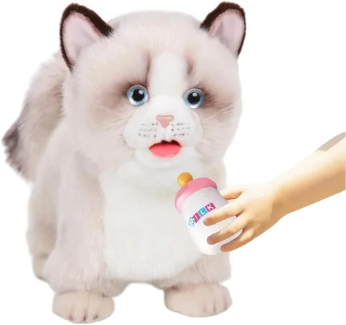 Miniatura 14 de CU-MATE Juguete electrónico de peluche de simulación interactiva, realista, cachorro, gato, con cola para caminar, ladrar, menear, hablar, como